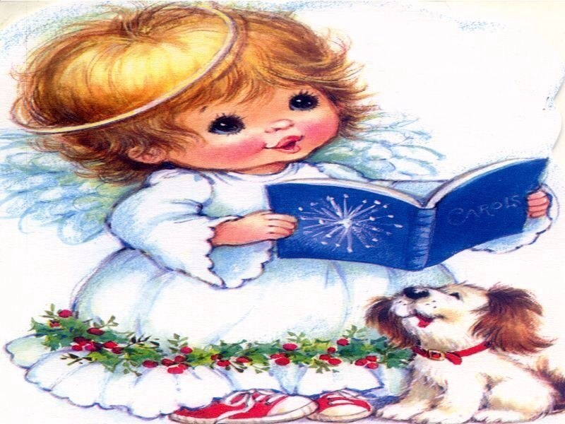 Angel reading carols with dog