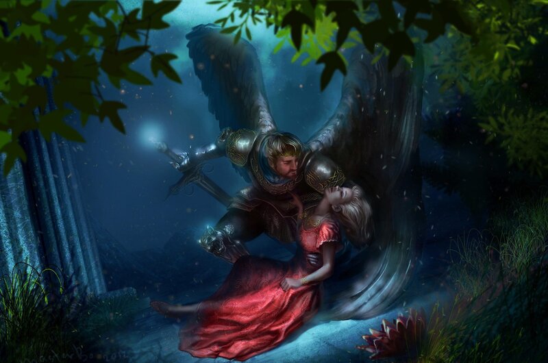 angel rescuing woman in forest