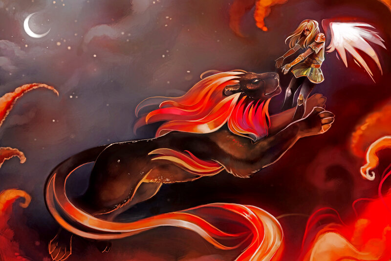 Angel Riding Lion — Red