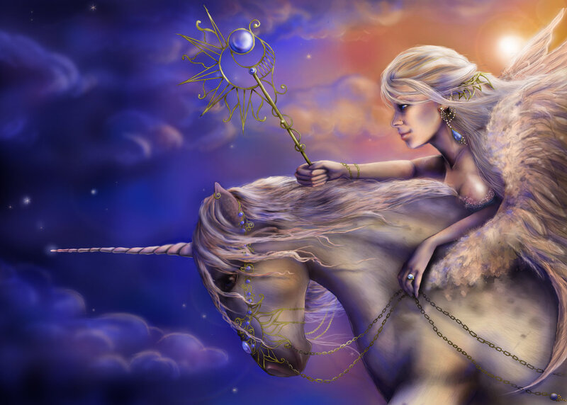 Angel Riding Unicorn — Purple, Serene, Night