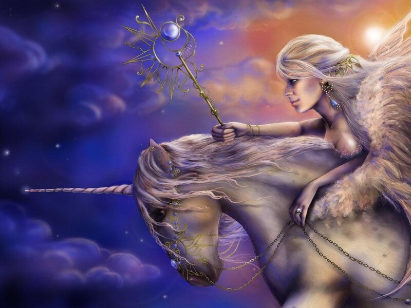 Angel Riding Unicorn — Purple, Serene