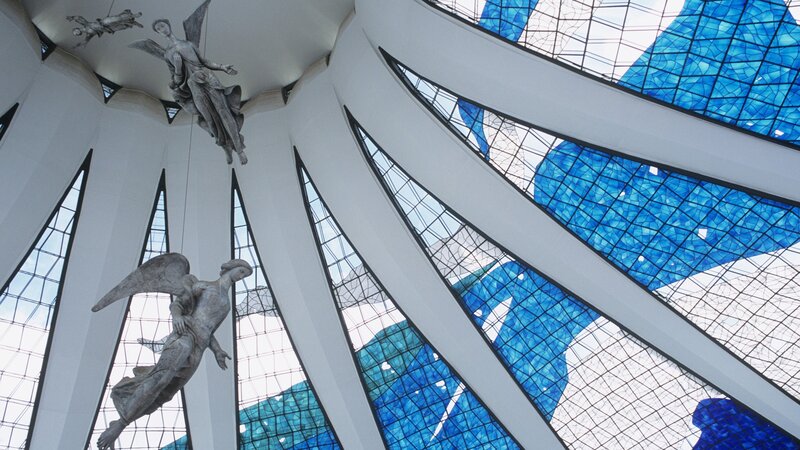 Angel sculptures in a modern cathedral