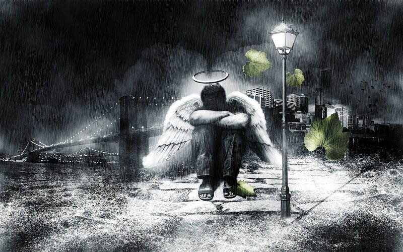 Angel Sitting in Rain — Black, Dramatic