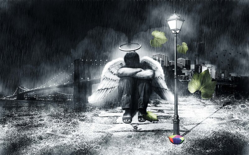 Angel Sitting in Rain — Black