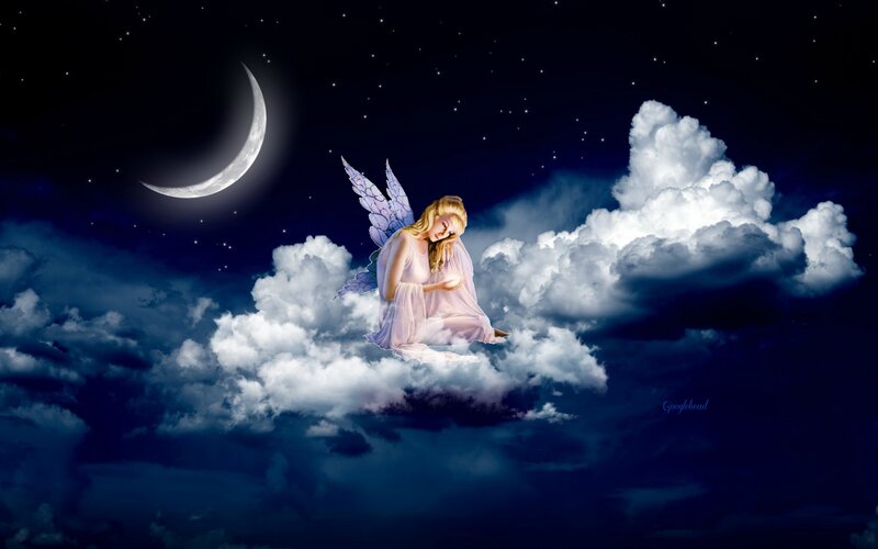 Angel Sitting on Cloud — Blue, Serene