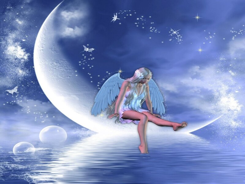 Angel Sitting on Crescent Moon — Blue