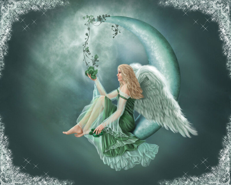 Angel Sitting on Crescent Moon — Green