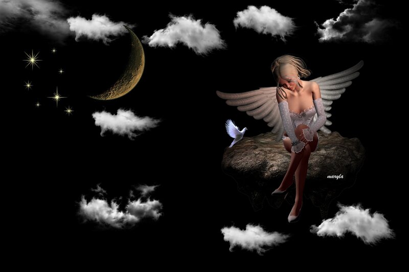 Angel Sitting on Rock — Black
