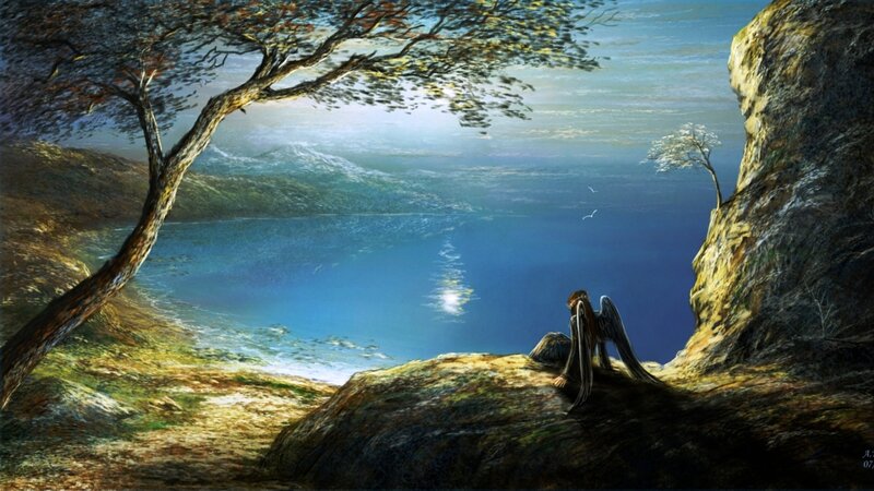 Angel Sitting on Rock — Blue