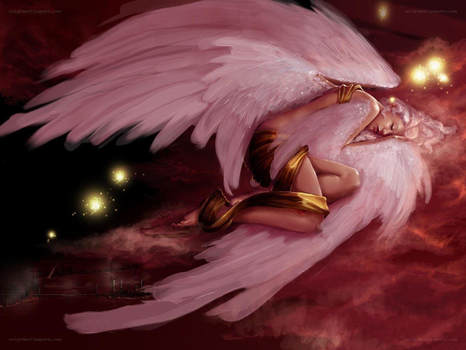 Angel sleeping in red sky