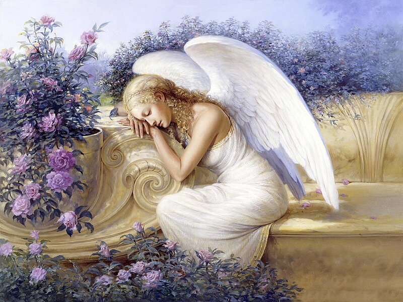 Angel Sleeping on Bench — White, Serene