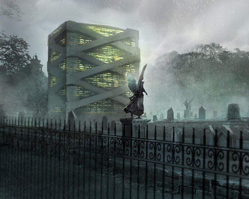 Angel statue in a foggy cemetery
