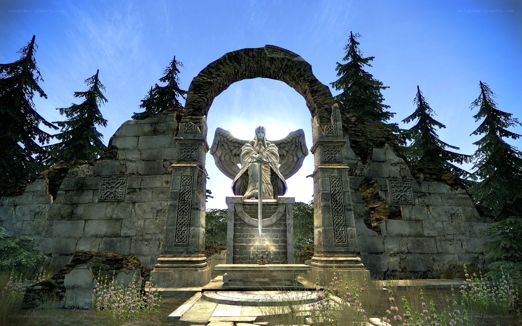 Angel statue in ancient ruins