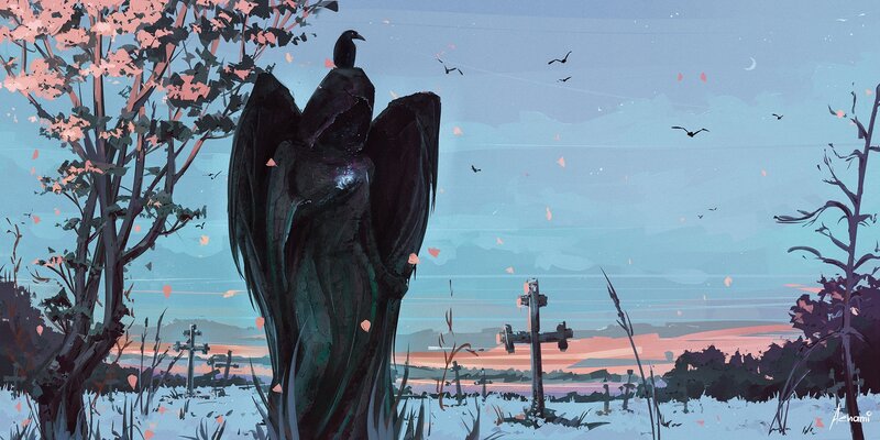 Angel Statue in Cemetery — Blue, Somber