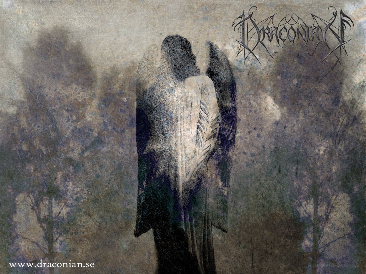 Angel statue in misty forest
