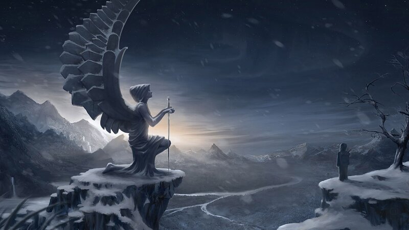 Angel statue in snowy mountains
