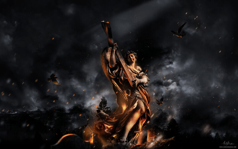 Angel statue in stormy landscape