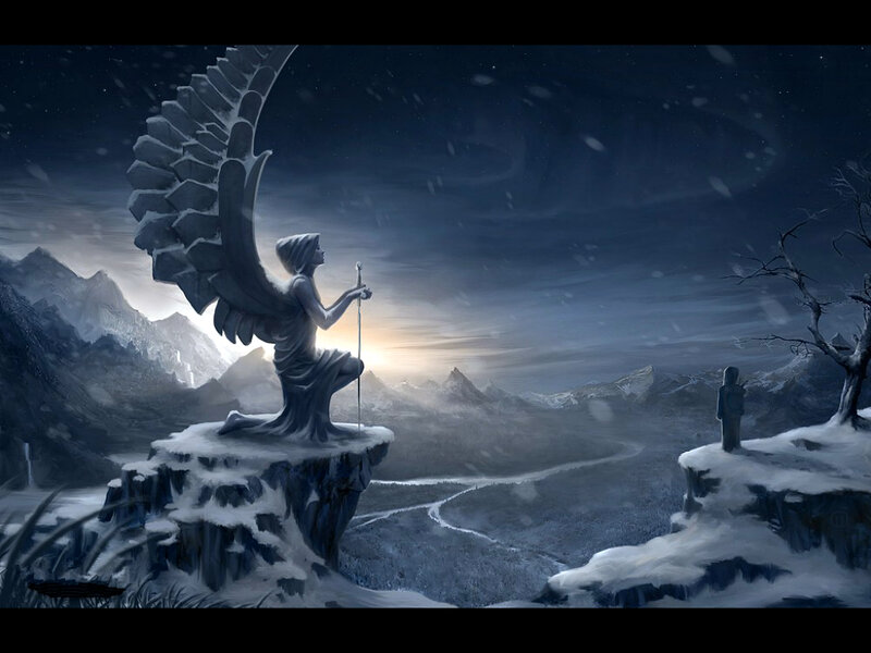 Angel Statue on Cliff — Blue