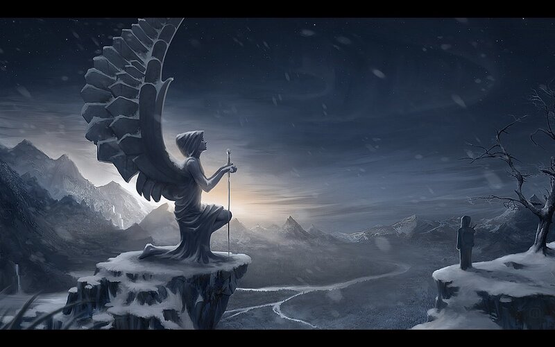 Angel Statue on Cliff — Gray, Dramatic, Night, Digital Art