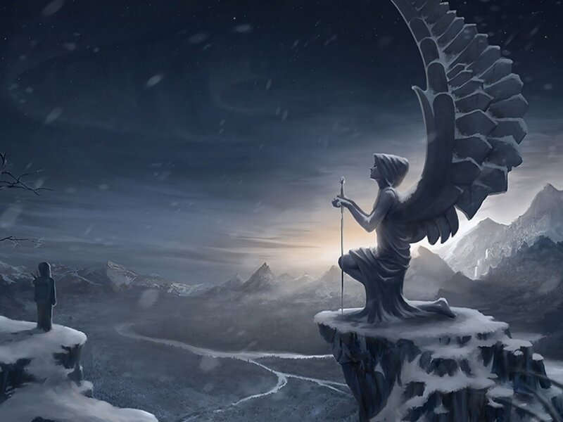 Angel Statue on Cliff — Gray, Dramatic, Night