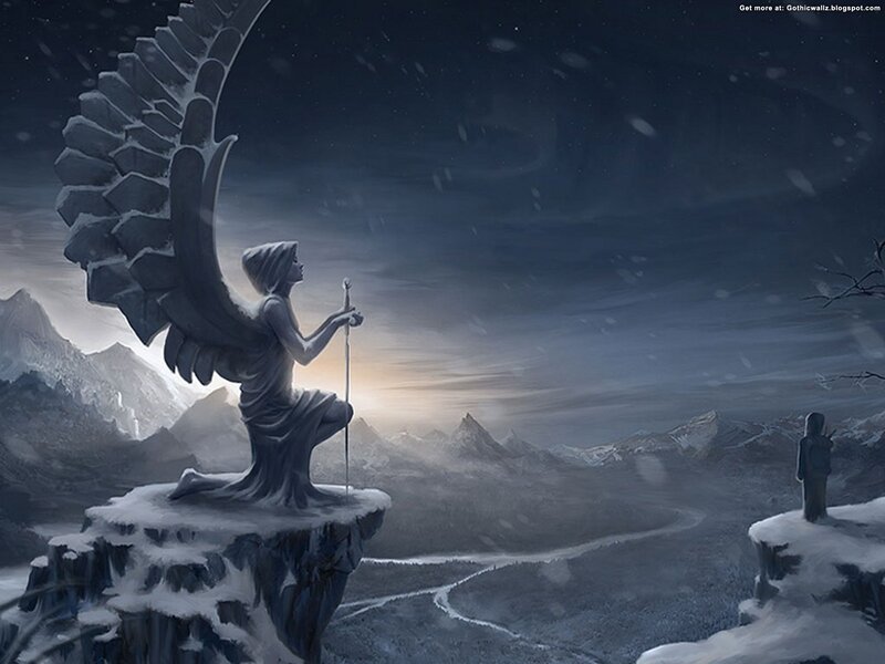 Angel Statue on Cliff — Gray, Dramatic