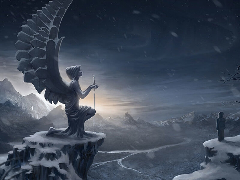 Angel Statue on Cliff — Gray
