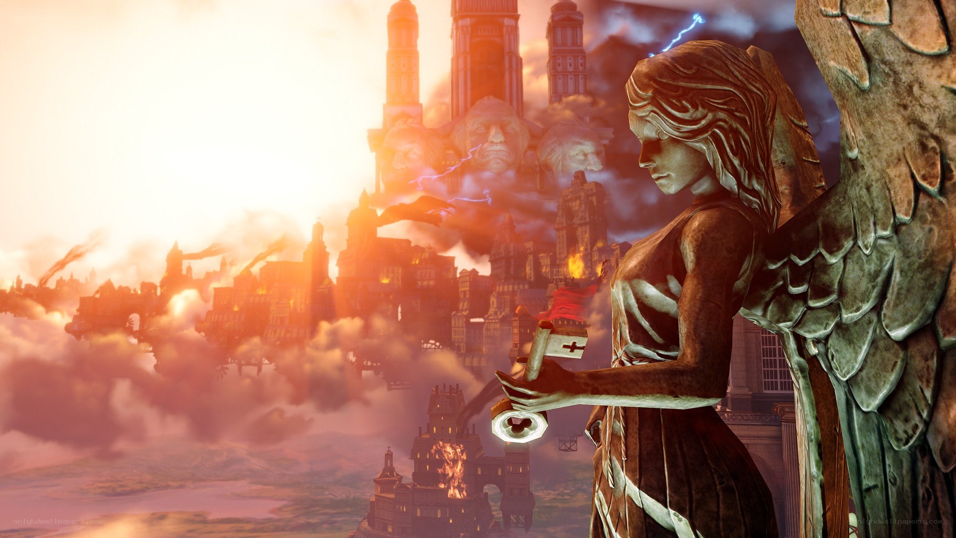 angel statue overlooking a burning city