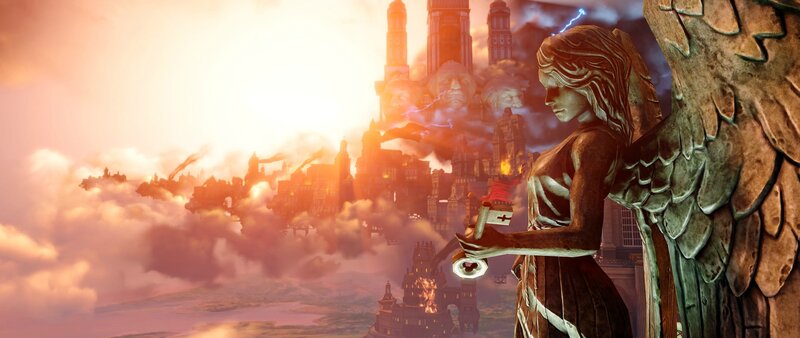 Angel Statue Overlooking City — Orange, Dramatic, Sunset, Digital Art, Clouds
