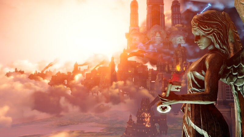 Angel Statue Overlooking City — Orange, Dramatic