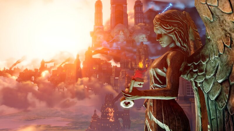 Angel Statue Overlooking City — Orange