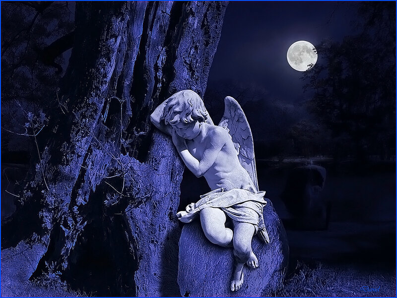 Angel statue under moonlight