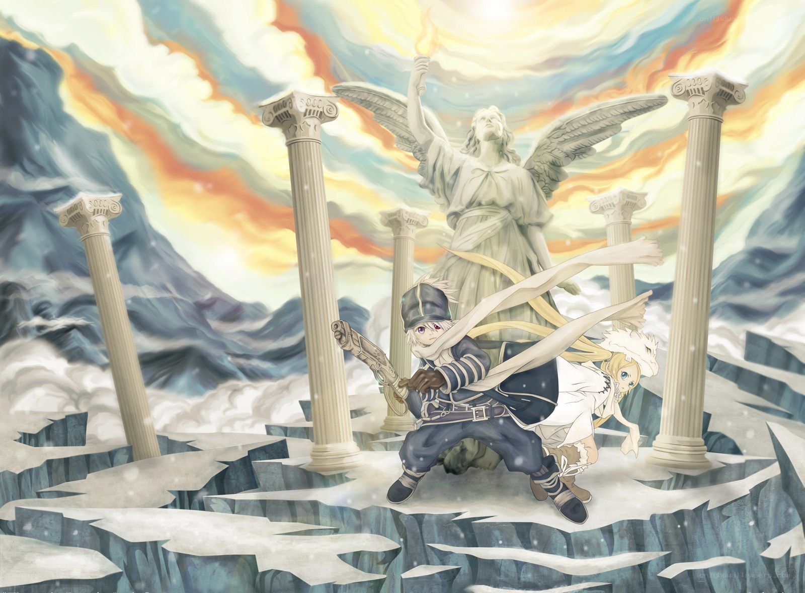 Angel statue with two characters