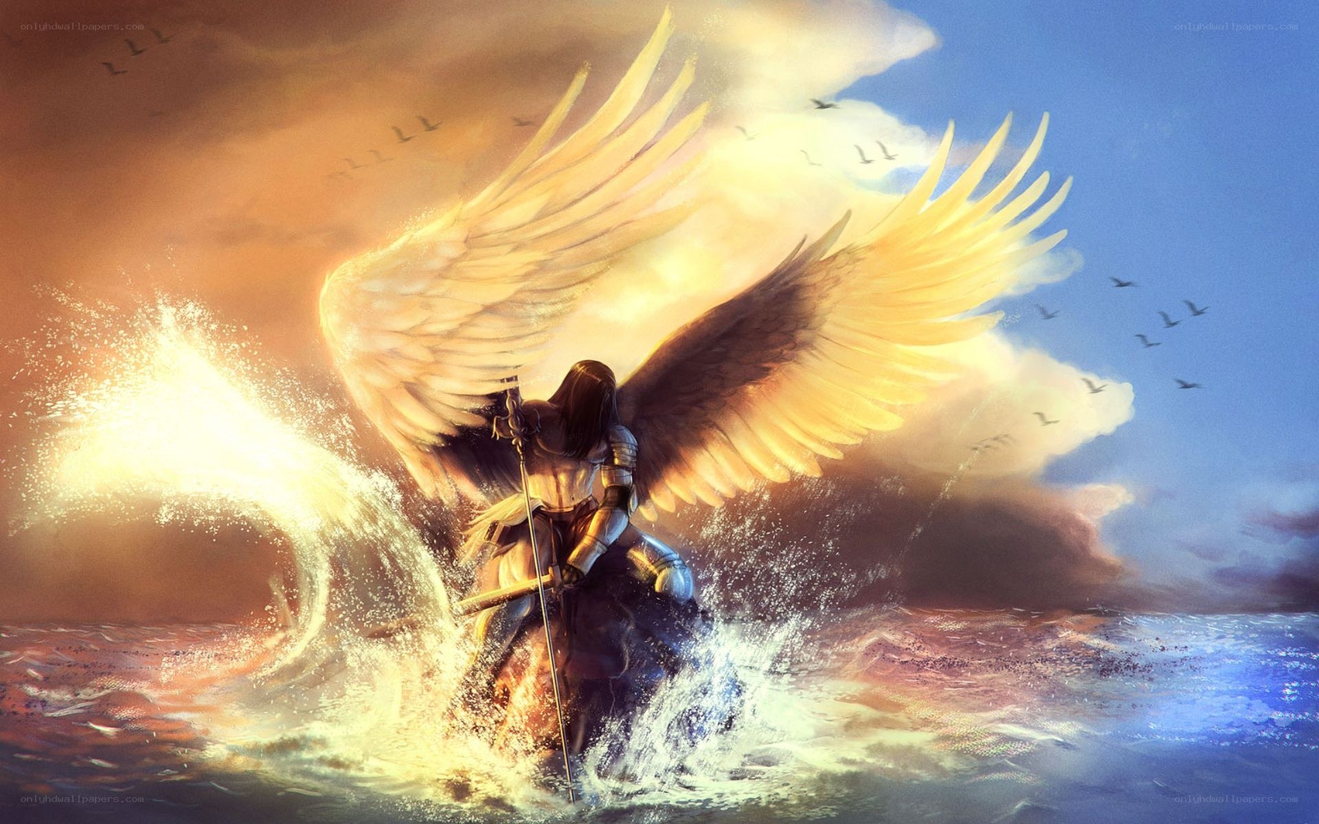 angel warrior in stormy sea