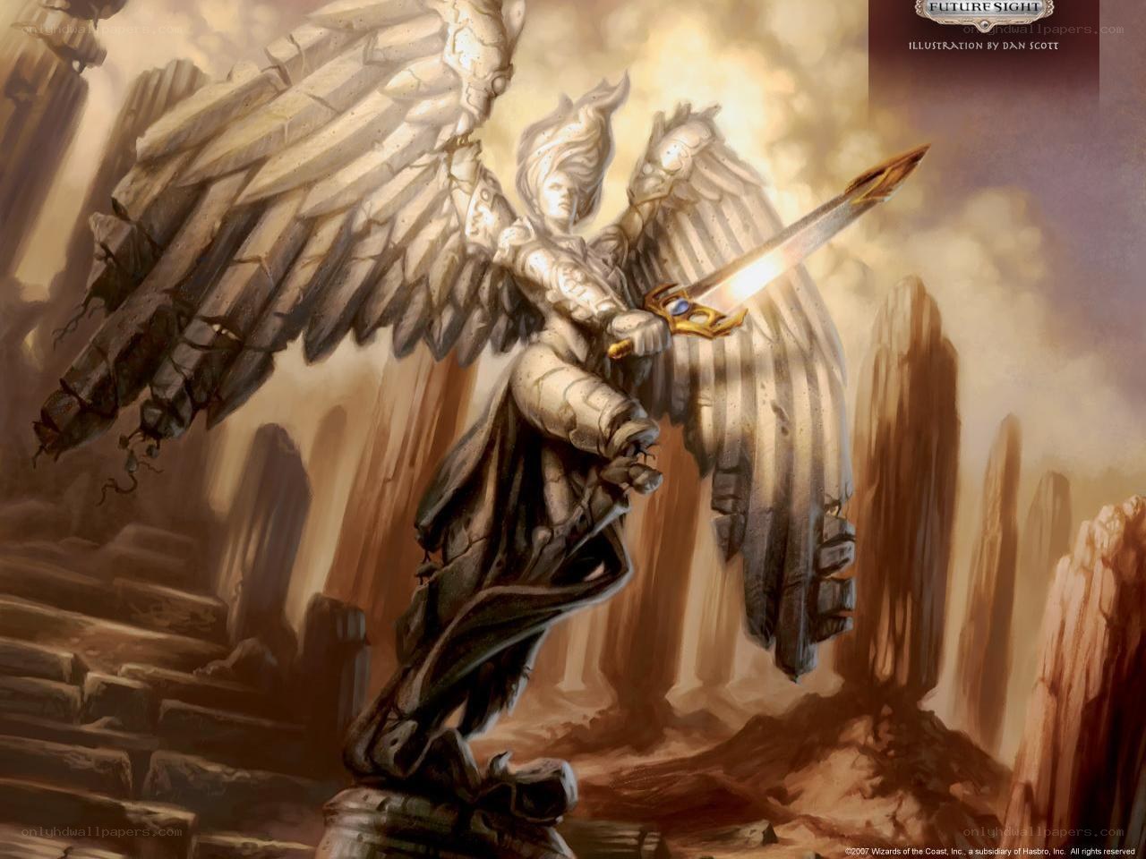 Angel warrior statue in ruins