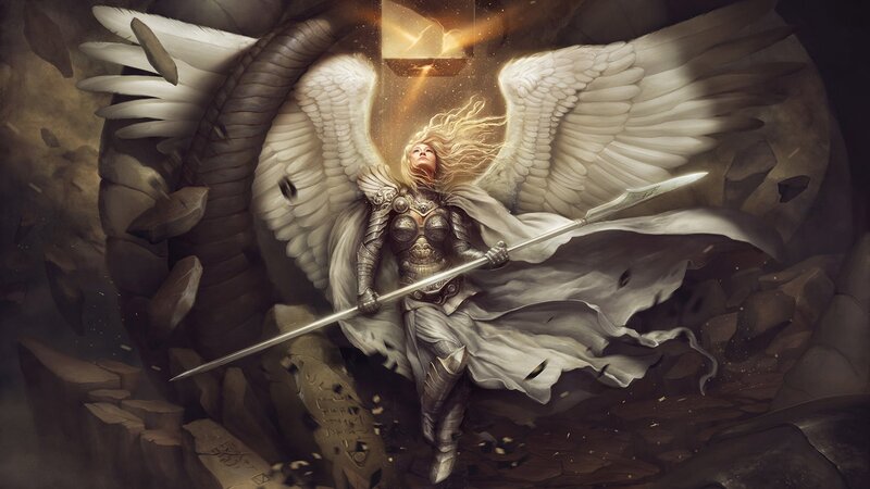 Angel Warrior with Spear — White, Dramatic