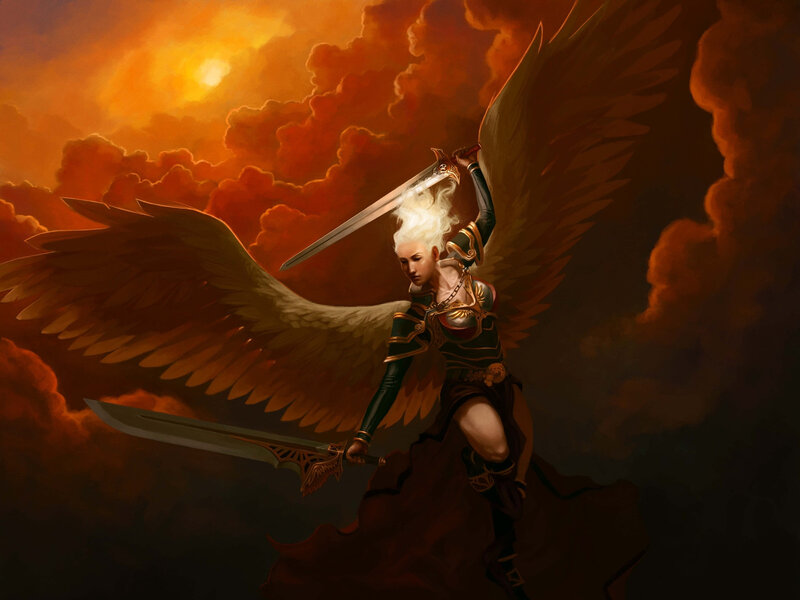 Angel Warrior with Swords — Orange, Dramatic
