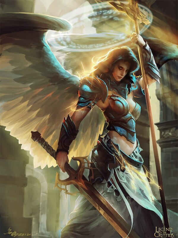 Angel warrior with wings and spear