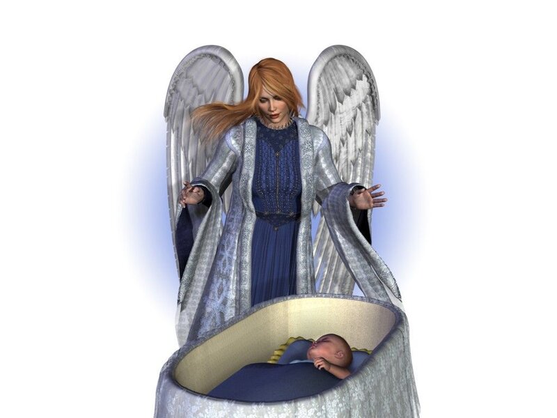 Angel with baby in cradle