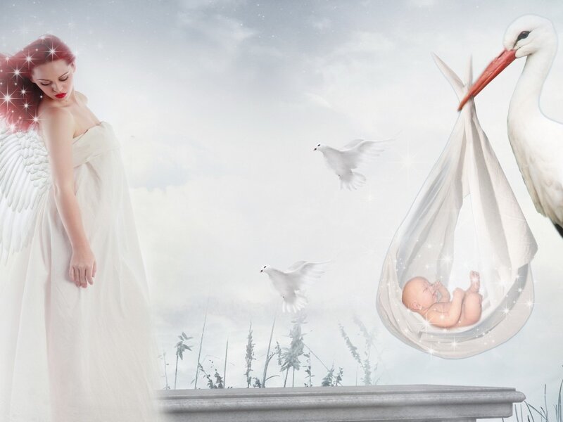 Angel with Baby Stork — White