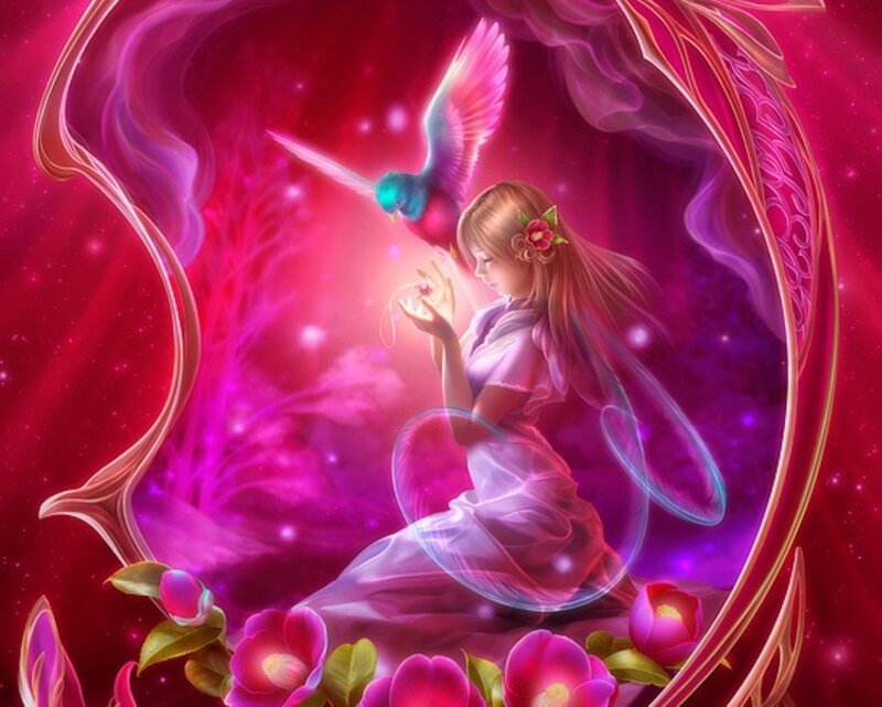 angel with bird and flowers