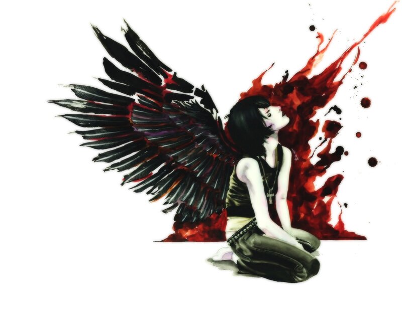 angel with black wings and blood