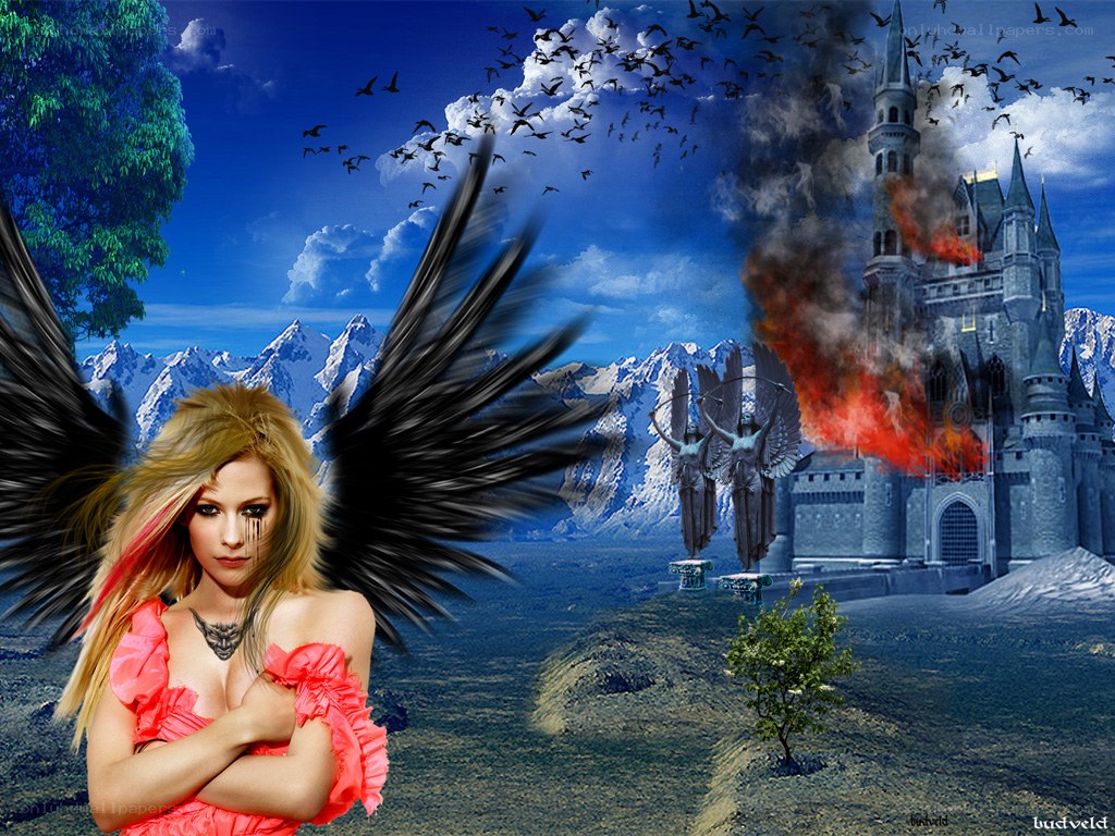 angel with black wings and burning castle