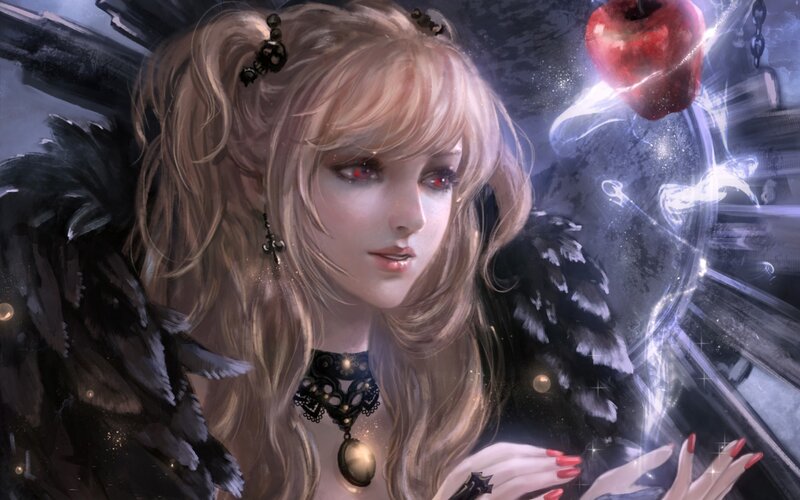 angel with black wings and red apple
