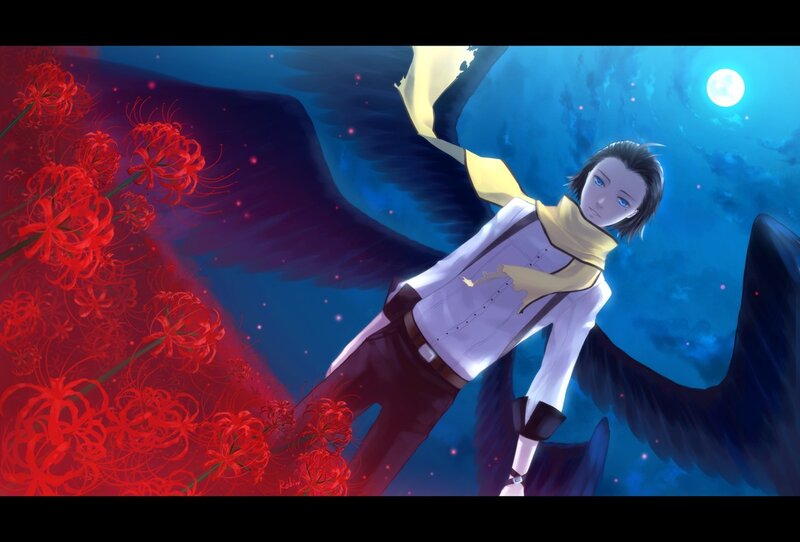 angel with black wings and red flowers