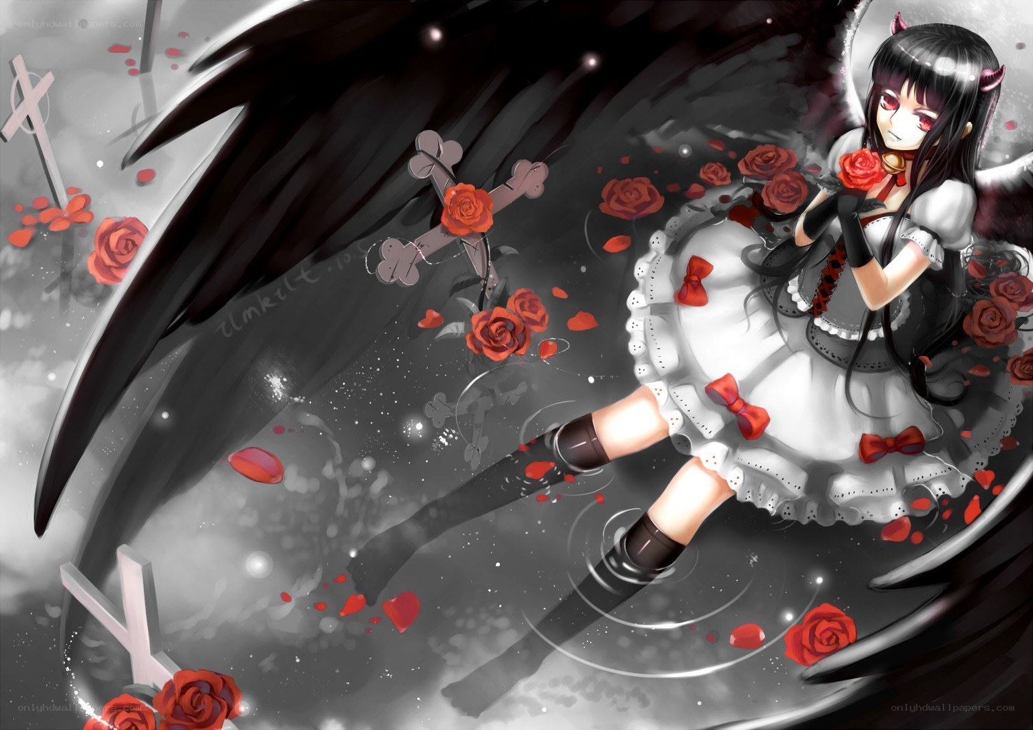 Angel with black wings and roses