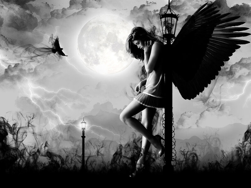 angel with black wings at night