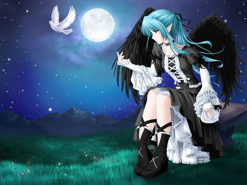 Angel with black wings at night