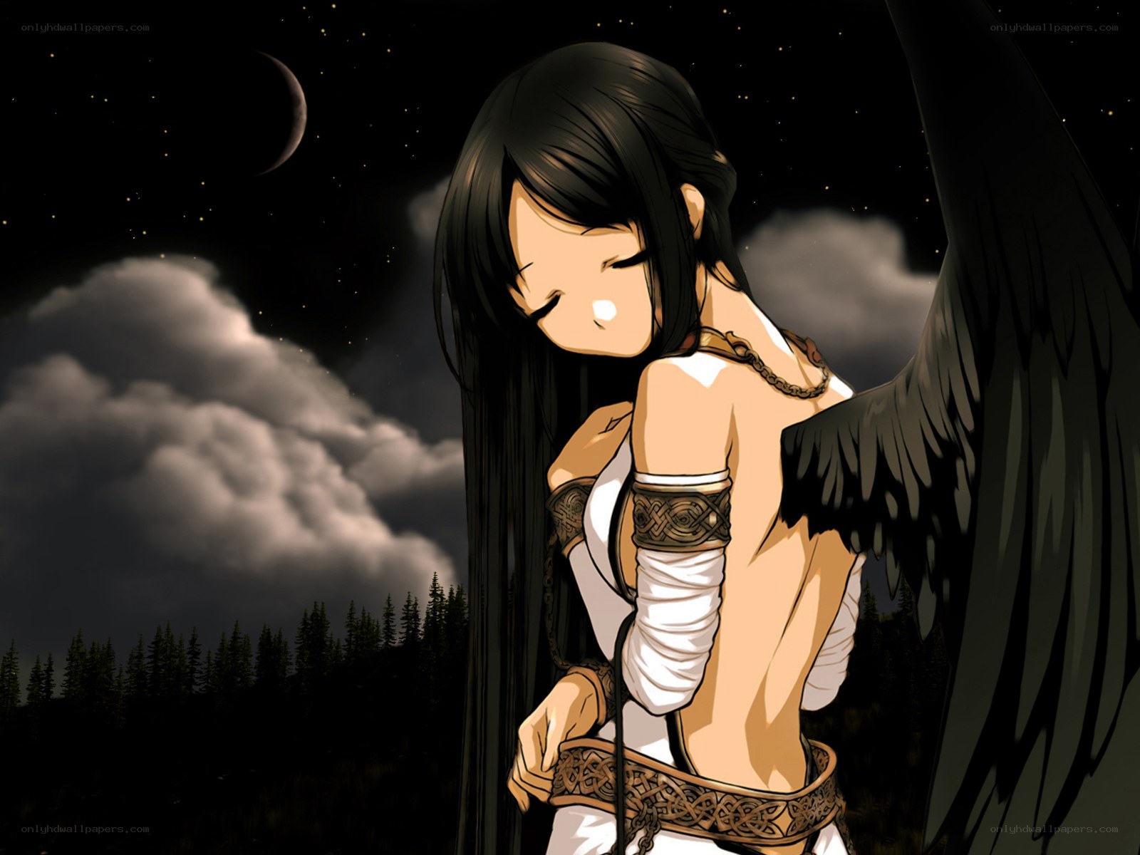 Angel with black wings at night
