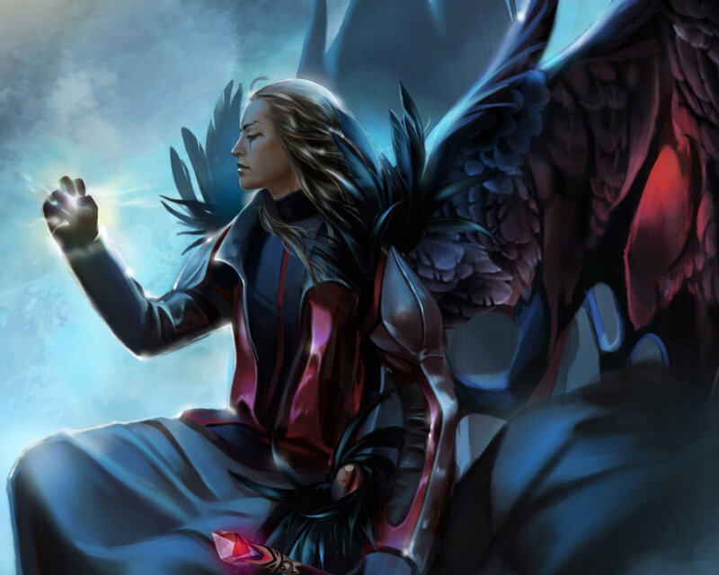 Angel with Black Wings — Blue, Dramatic, Digital Art, Magic