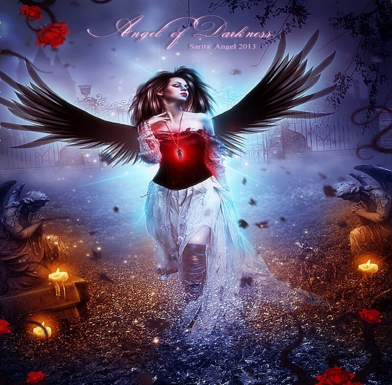 Angel with Black Wings — Blue, Dramatic, Night, Digital Art, Candles